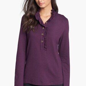 Tory Burch Lidia Long Sleeve Ruffle Polo Shirt Top in Plum Sz L